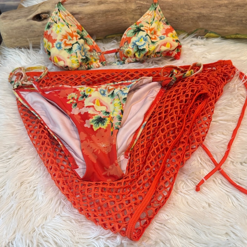 Wildfox Floral Bikini with Orange Mesh Overlay 3 piece set